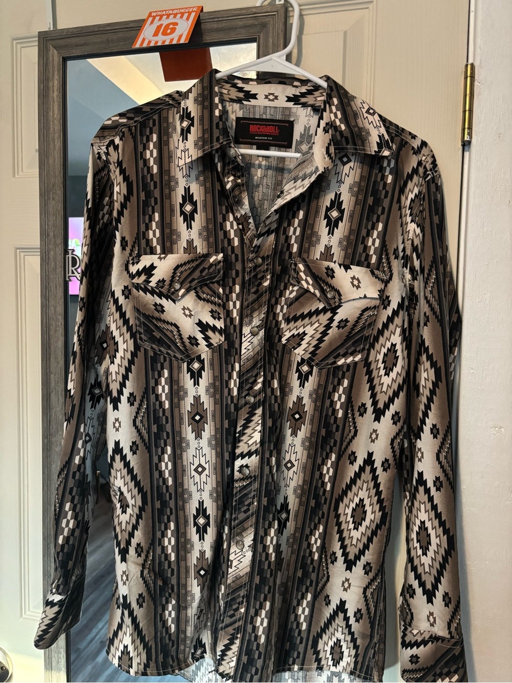 Rock & Roll Cowboy Aztec Print Button-Up Shirt - Brown black and white